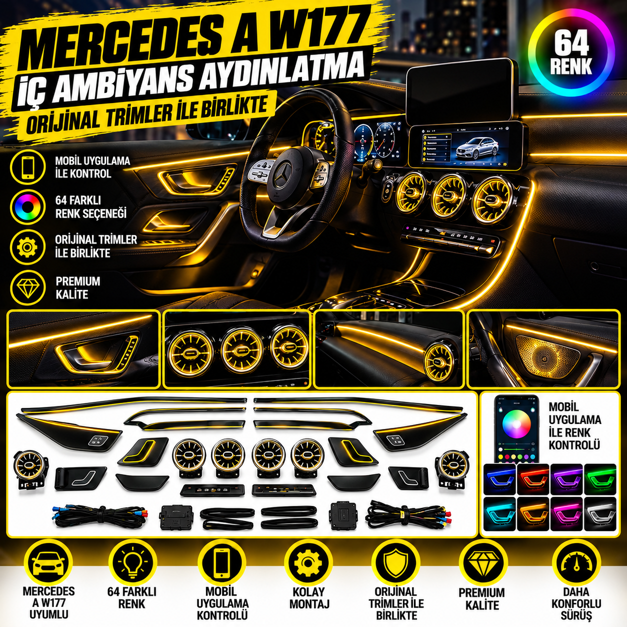 Mercedes A W177 Uyumlu İç Ambiyans Aydınlatma (Orijinal Trimler ile Birlikte)