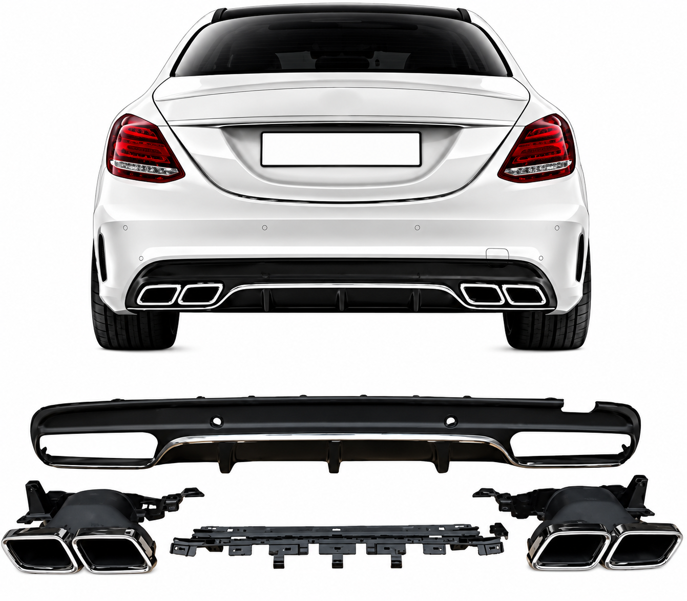 W205 AMG Uyumlu C63 Difüzör + Egzoz Ucu
