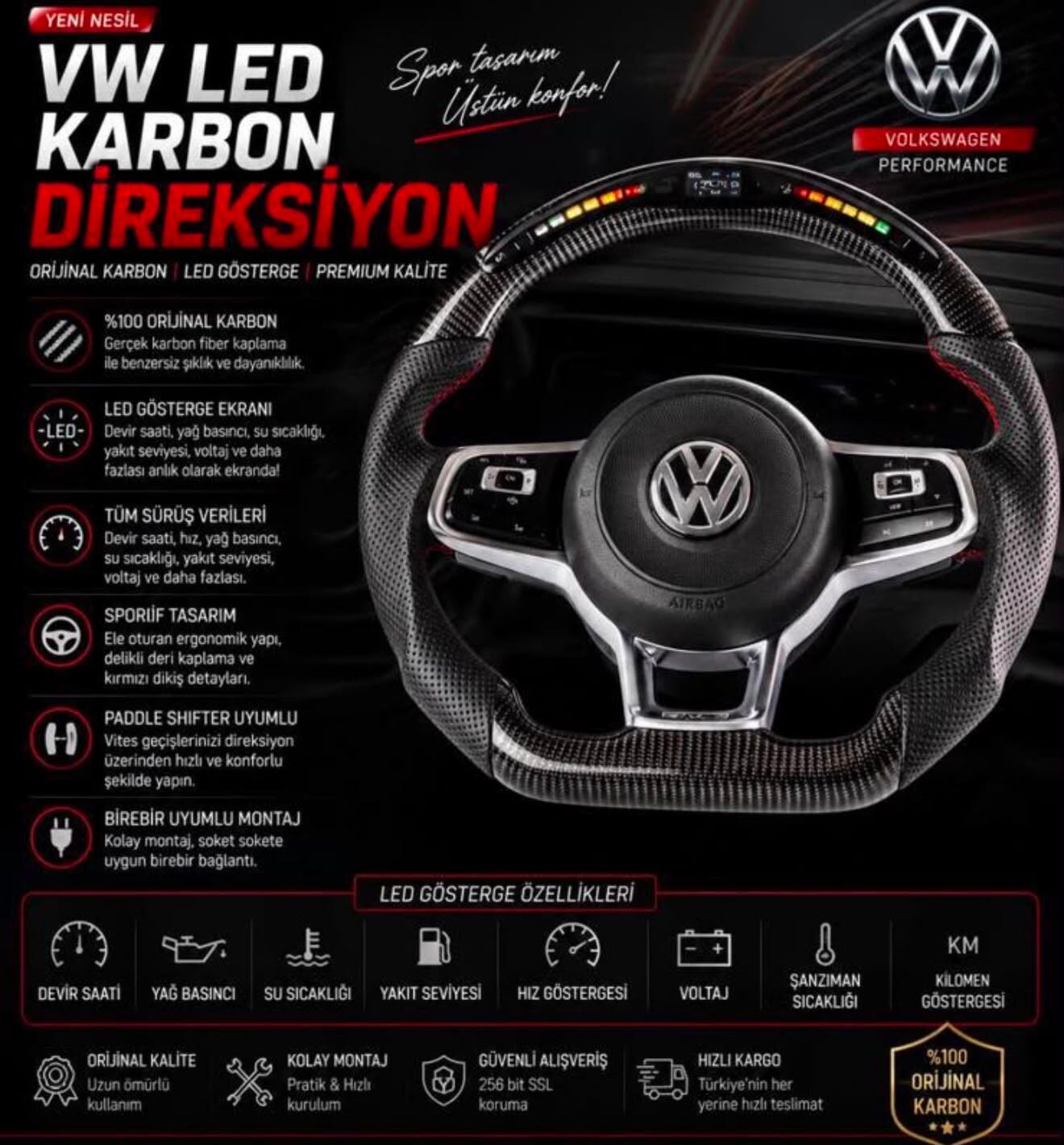 Volkswagen Led Karbon Direksiyon