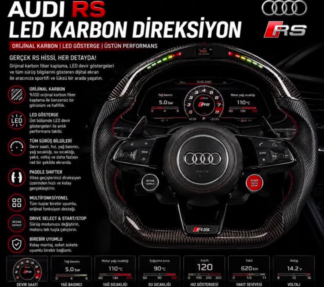 Audi RS Led Karbon Direksiyon