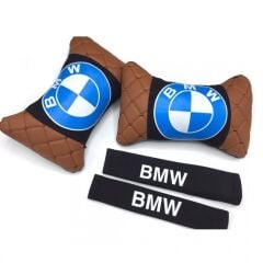 Bmw Uyumlu Logolu Boyun Yastığı ve Emniyet Kemer Kılıfı Kahverengi Siyah