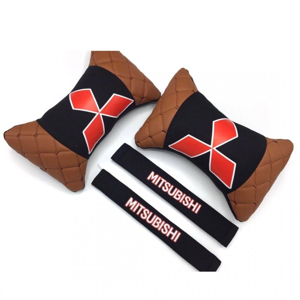 Mitsubishi Logolu Boyun Yastığı ve Emniyet Kemer Kılıfı Kahverengi
