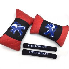 Peugeot  Uyumlu Logolu Boyun Yastığı ve Emniyet Kemer Kılıfı Kırmızı
