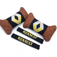 Renault Uyumlu Logolu Boyun Yastığı ve Emniyet Kemer Kılıfı Kahverengi