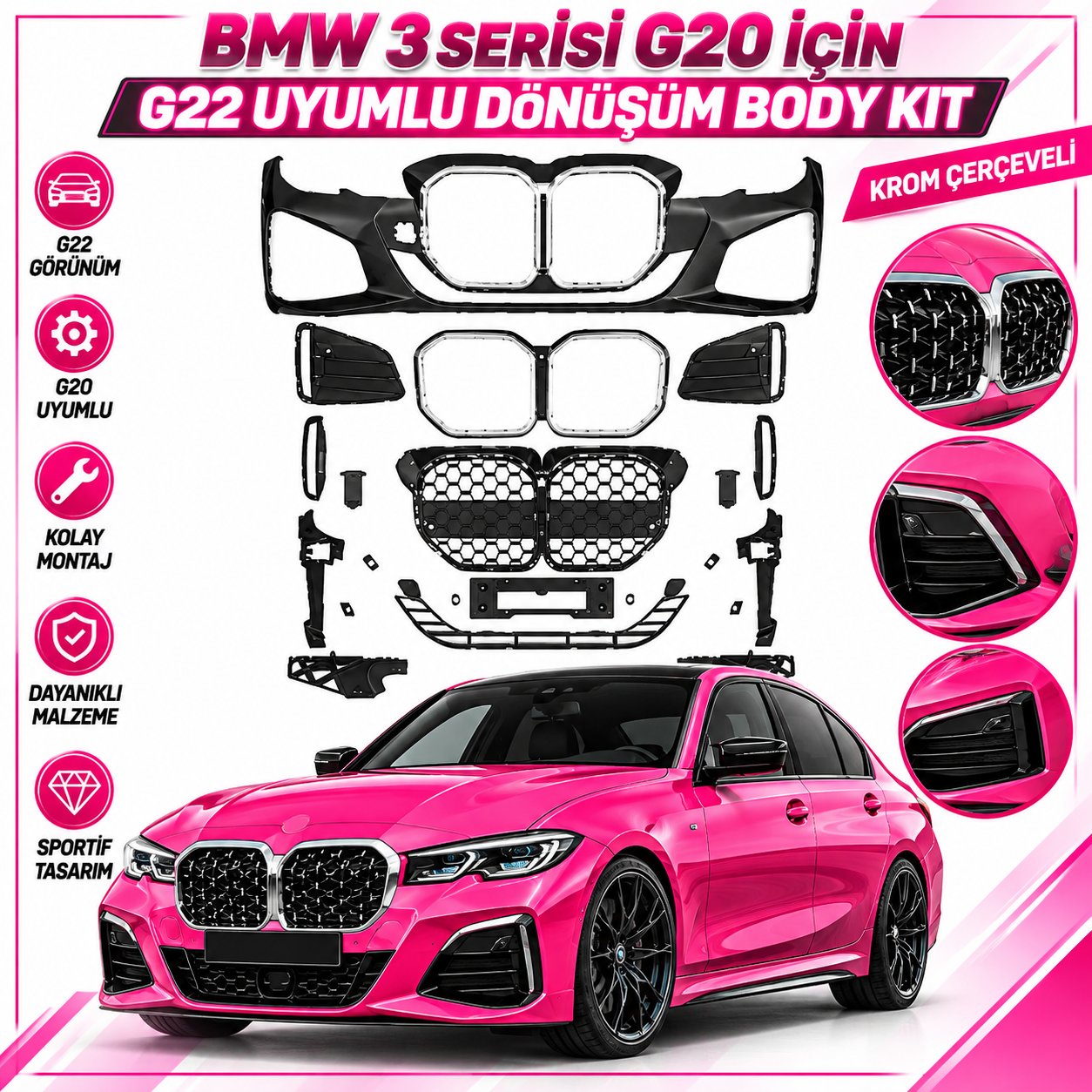 Bmw 3 Serisi G20 İçin G22 Uyumlu Dönüşüm Body Kit (Krom Çerçeveli)