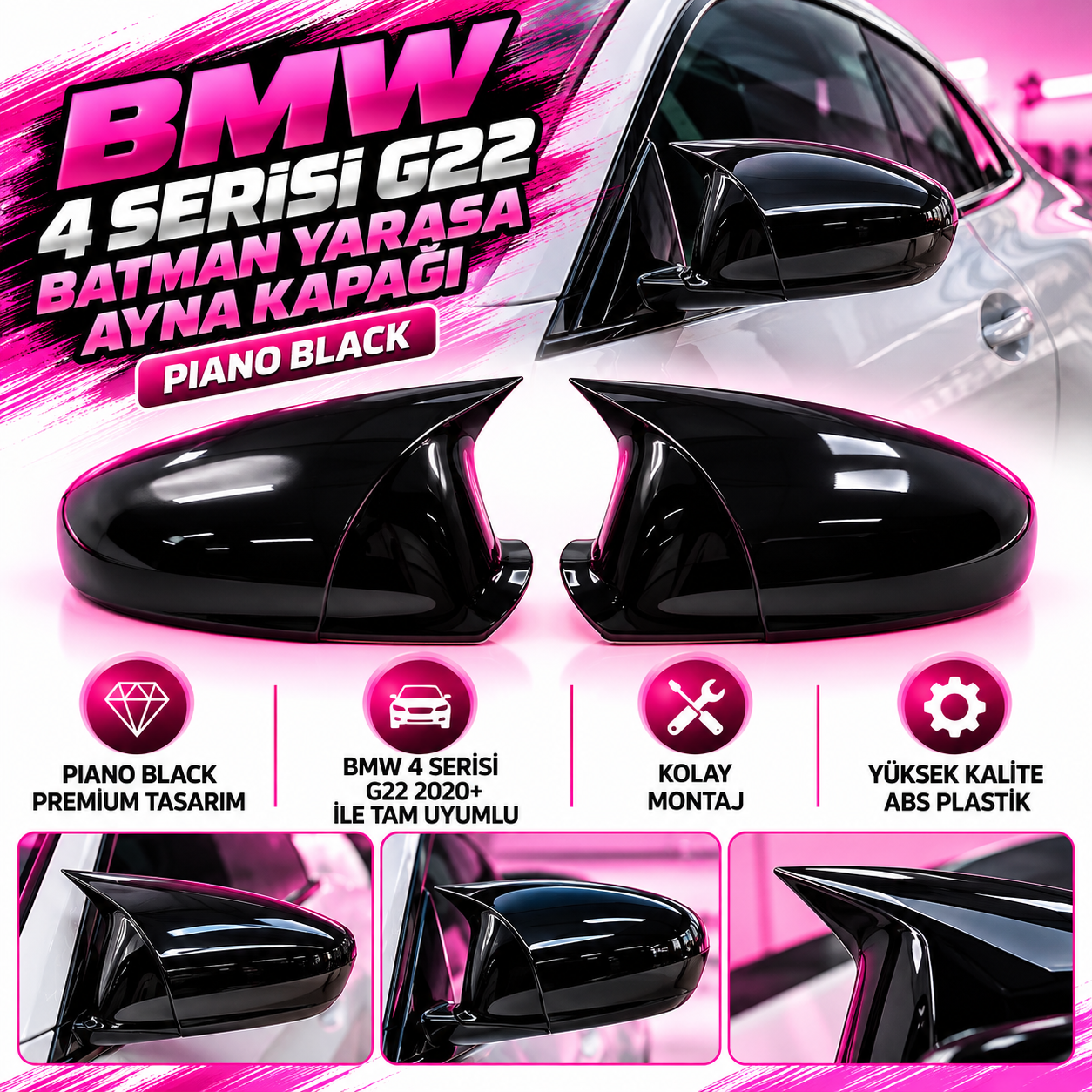 Bmw 4 Serisi G22 2020+ Uyumlu  Piano Black Batman Yarasa Ayna Kapağı