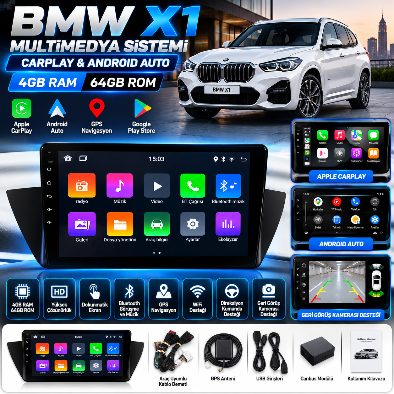 BMW X1 MULTİMEDYA CARPLAY-AND AUTO 4+64GB