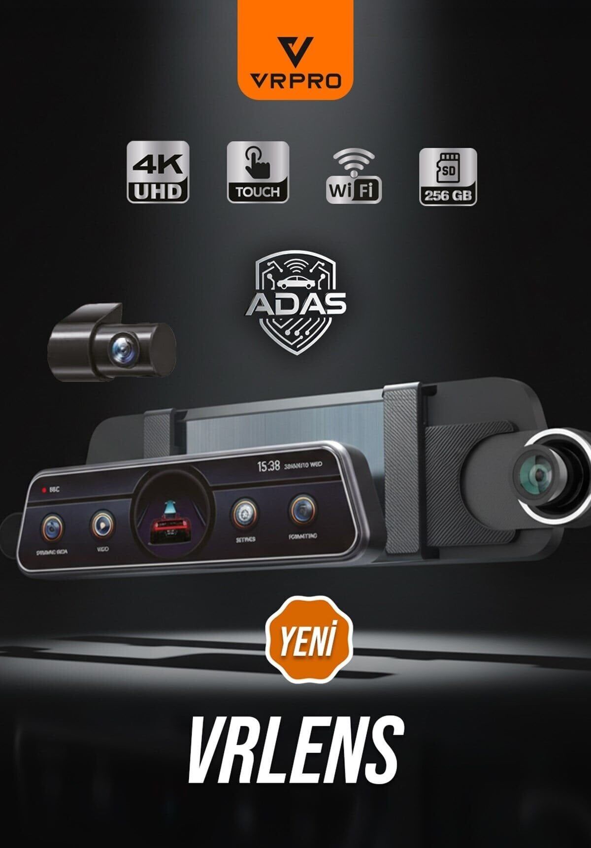Vr Lens 2 Kameralı 10'' Touch Screen-Adas+Bsd-4k+2k-Loop Recording-Wifi-G Sensor