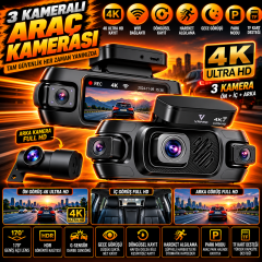 GuardX 4K + 2K + 2K 3 Kanallı, 4 Kameralı Araç İçi Kamera Sistemi (Dash Cam) Vrpro