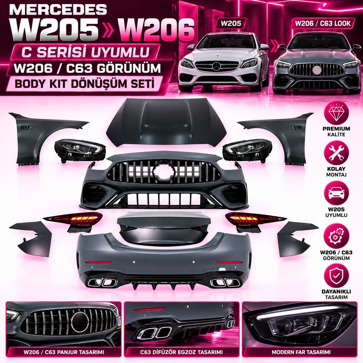 Mercedes W205 / C Serisi Uyumlu W206 / C63 Görünüm Body Kit Dönüşüm Seti