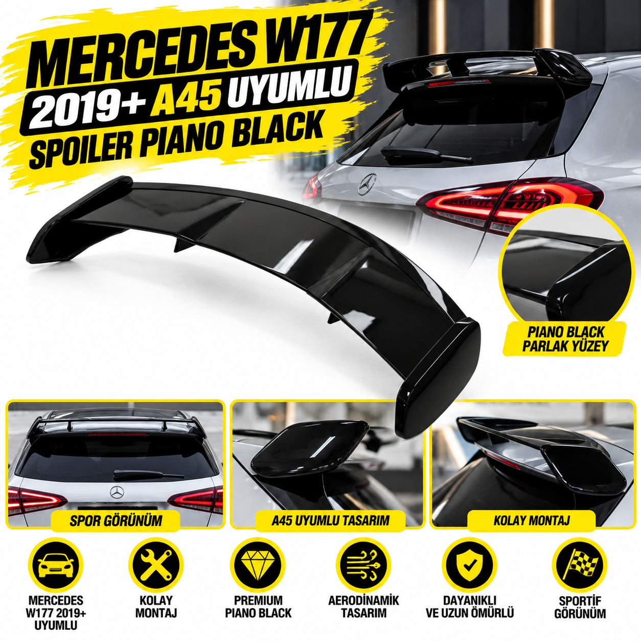 Mercedes W177 2019+ A45 Uyumlu Spoiler Piano Black