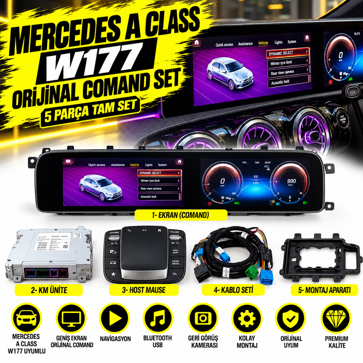 A-Class W177  Kablo+km ünite+Host Mause+Ekran 5 parç