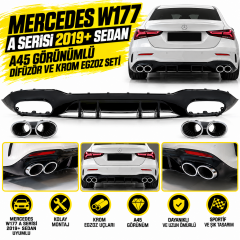 Mercedes W177/A Serisi – 2019+ Sedan – A45 Görünümlü Difüzör ve Krom Egzoz Seti