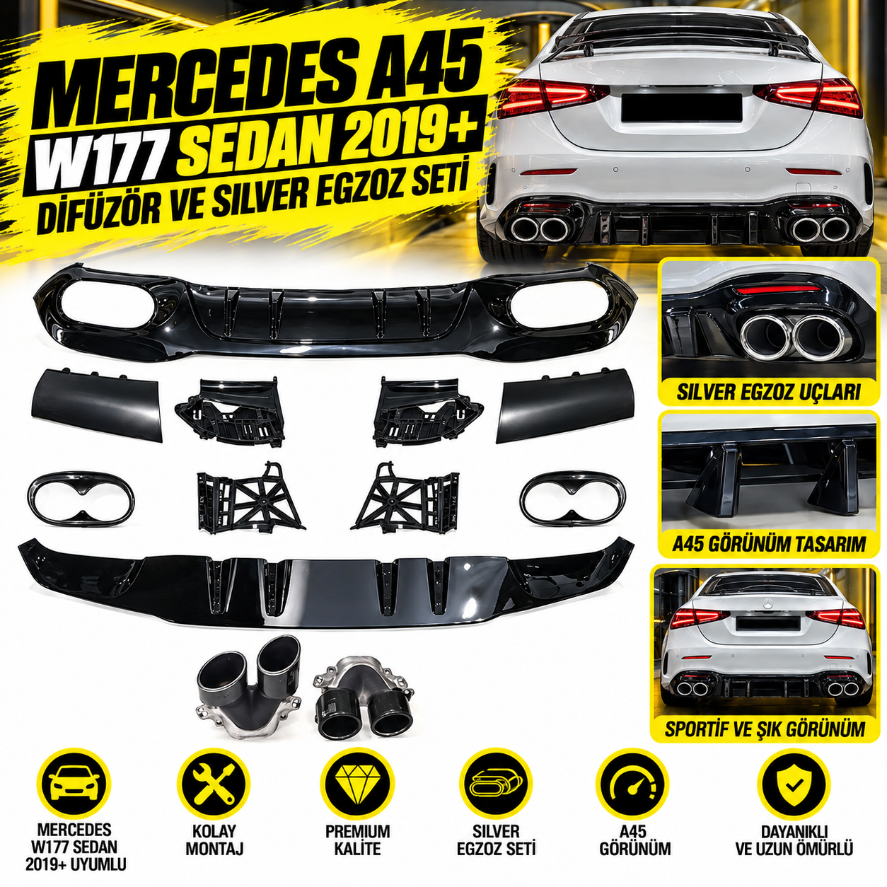 Mercedes A45 W177 Sedan 2019+ Uyumlu Yedek Parça Difüzör Silver Egzoz Seti