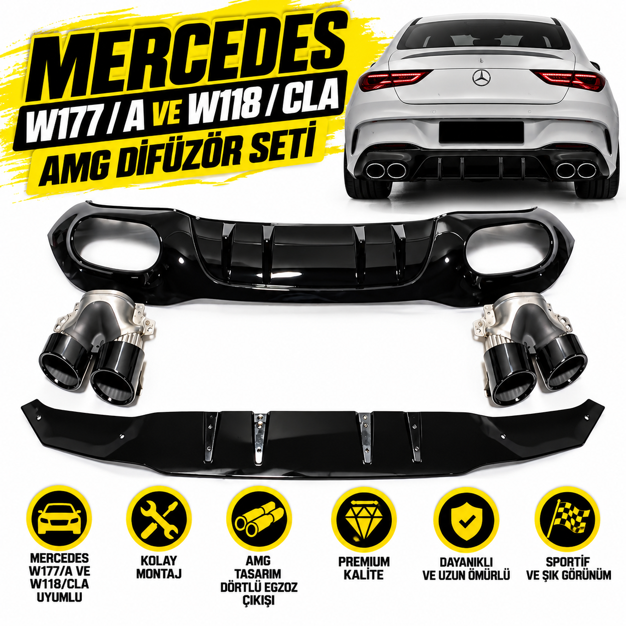 Mercedes W177/A Serisi – 2019+ Hatchback – A45 Görünümlü Difüzör ve Siyah Egzoz Seti