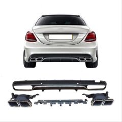 Mercedes Uyumlu W205 C Serisi Gümüş (Silver) Difüzör ve Egzoz Seti (AMG Sedan - Krom Trim)