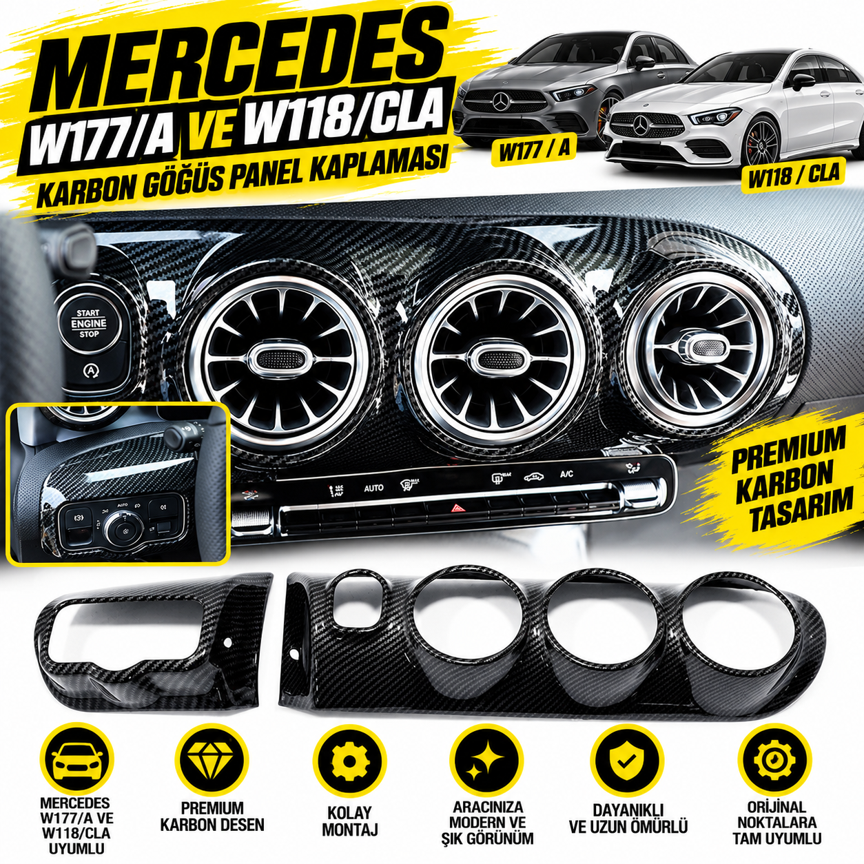 Mercedes W177/A ve W118/CLA Karbon Göğüs Panel Kaplaması