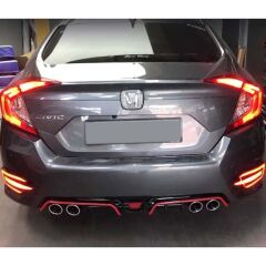 Honda Civic FC5 Uyumlu 2016-2020 Difüzör 4 Egzoz Piano Black Kırmızı Şeritli
