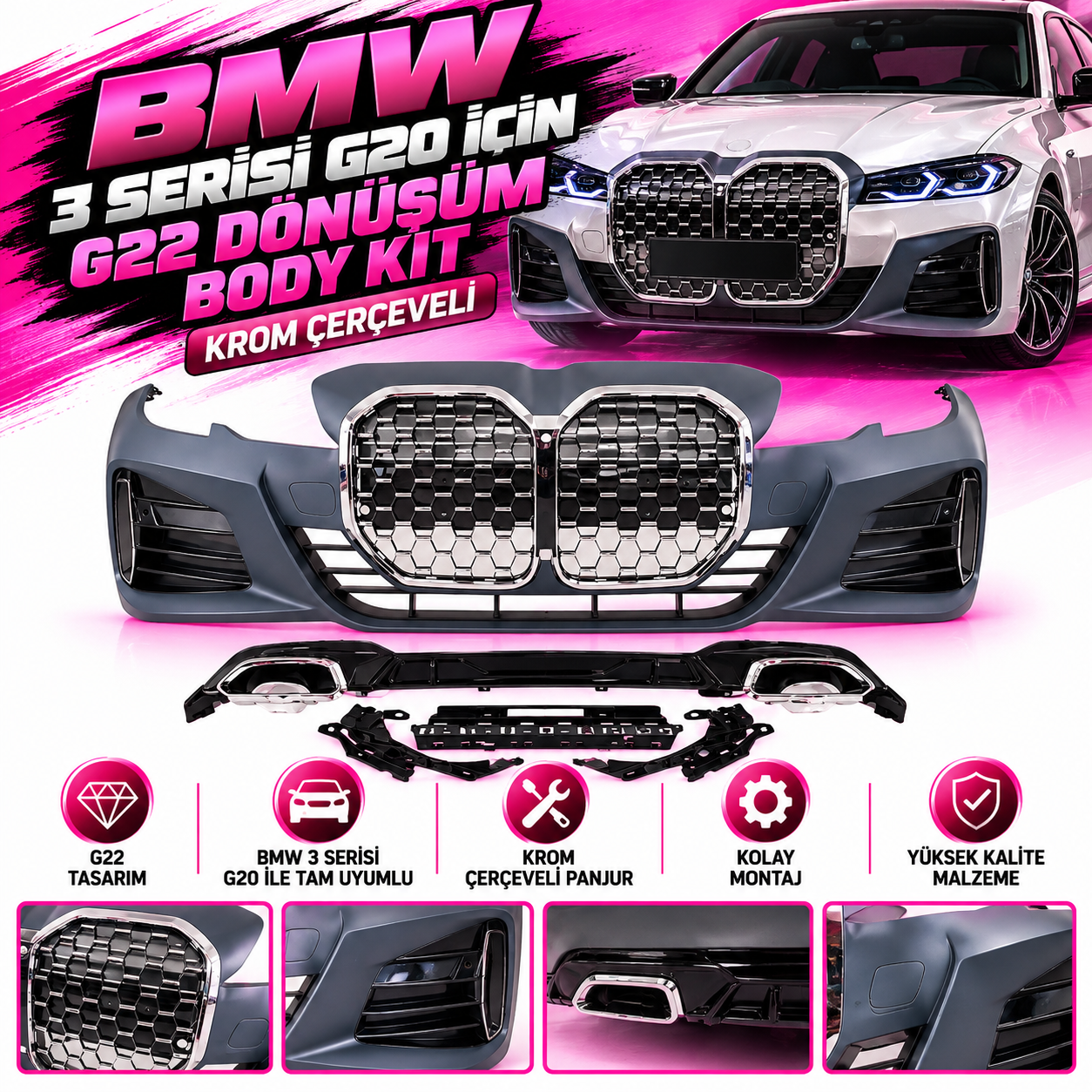 Bmw 3 Serisi G20 İçin Uyumlu G22 Dönüşüm Body Kit (Krom Çerçeveli)