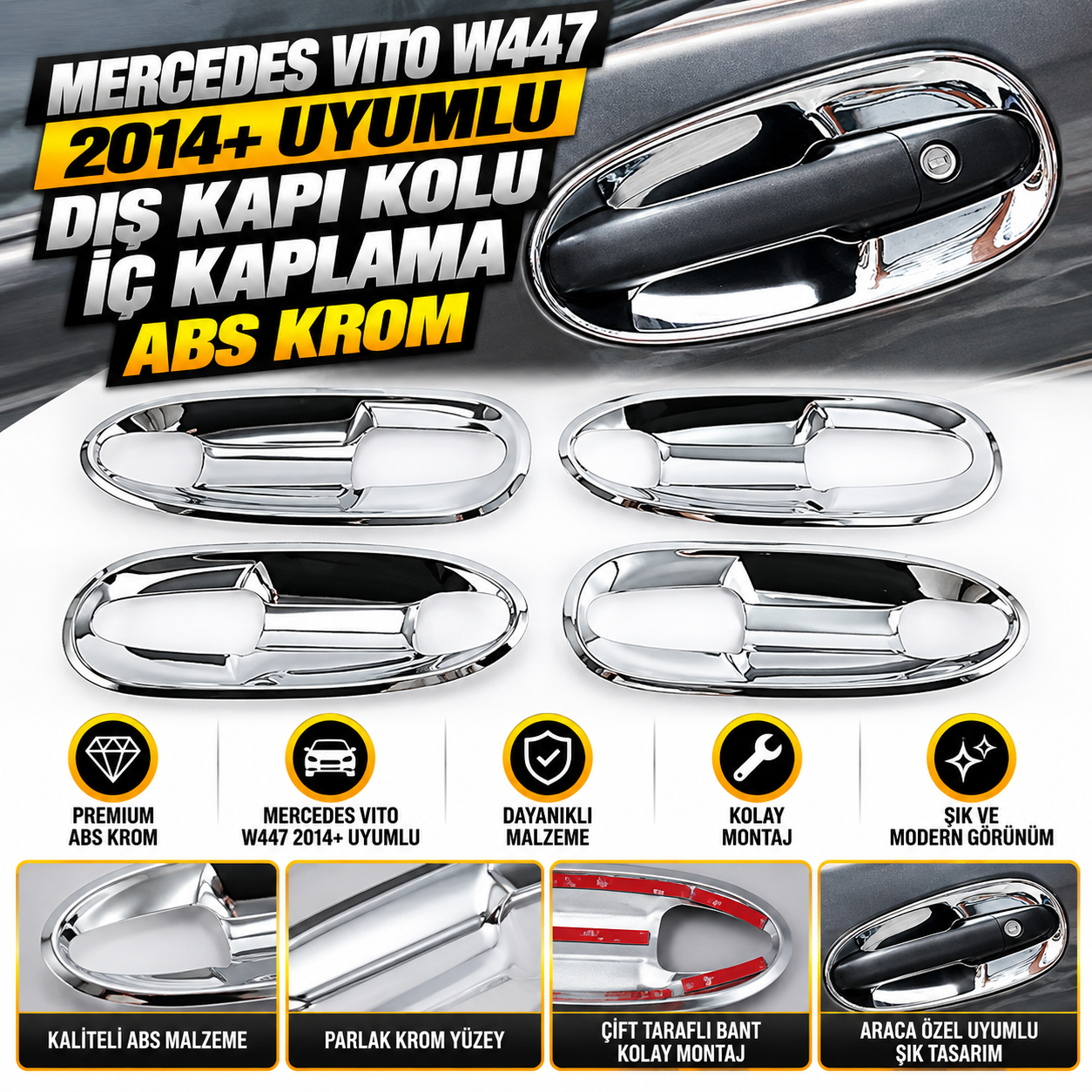 Mercedes Vito W447 Uyumlu 2014+ Dış Kapı Kolu Iç Kaplama Abs Krom