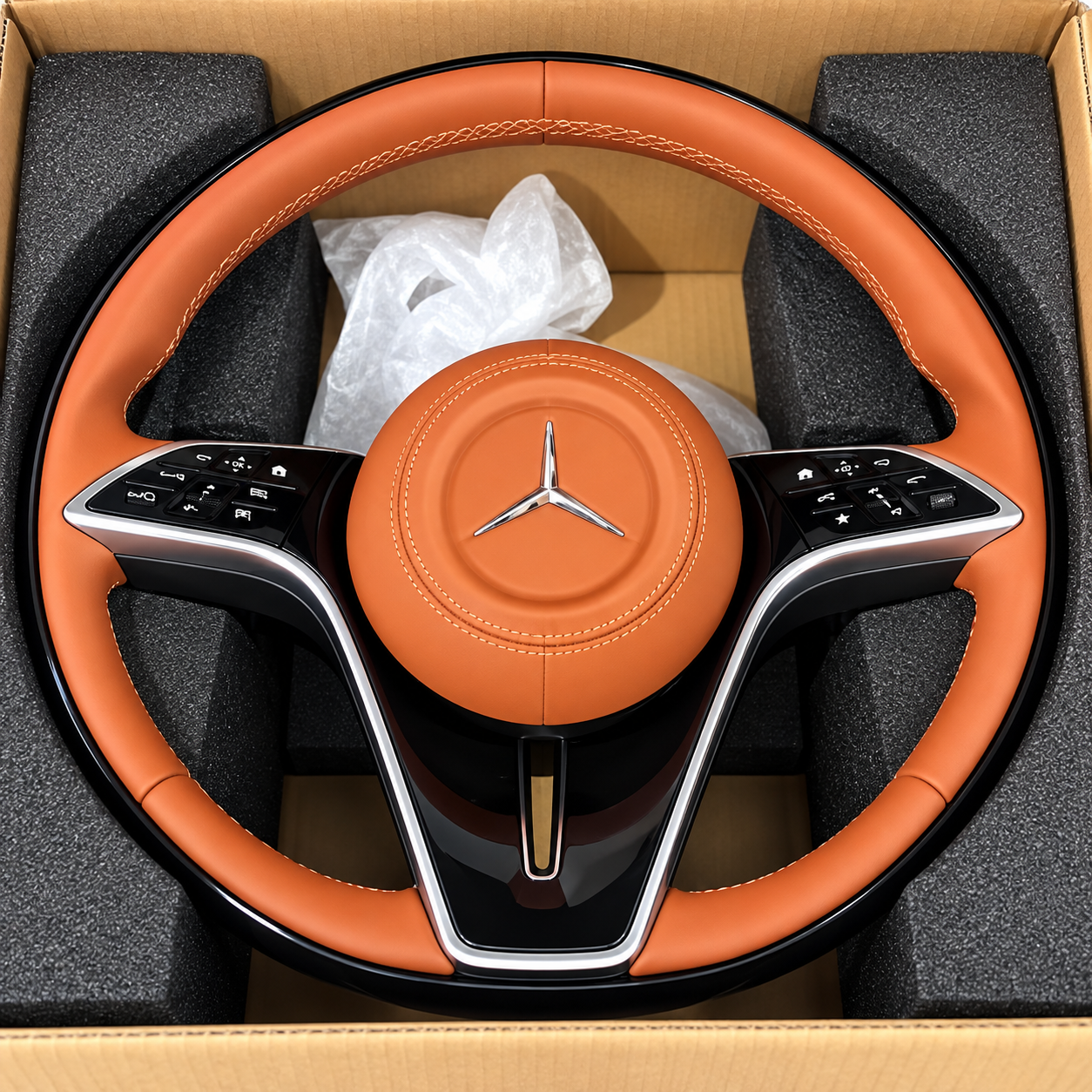 Mercedes Benz Direksiyon Simidi Turuncu Deri Siyah Krom Multifonksiyonlu Direksiyon