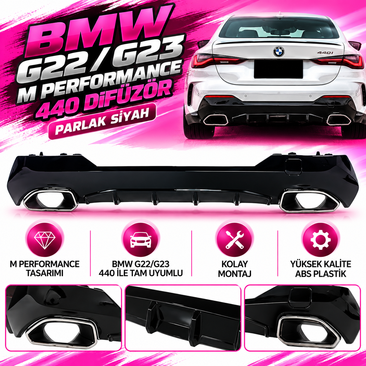 BMW G22/G23 M Performance 440 Difüzör Parlak Siyah