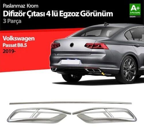 Volkswagen Passat B8.5 2019-2023 Uyumlu  4'lü R Line 3 Parça Krom Egzoz Görünümü Çıta