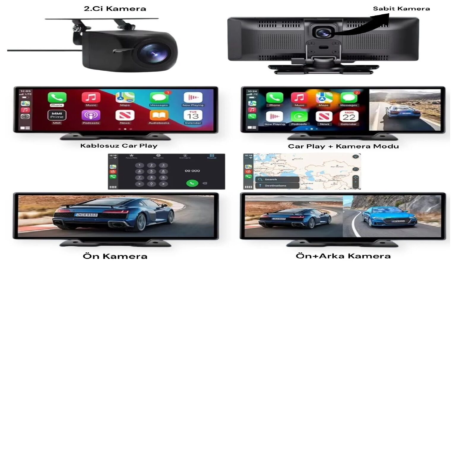CarPlay & Android Auto Destekli Çift Kameralı Araç İçi Monitör