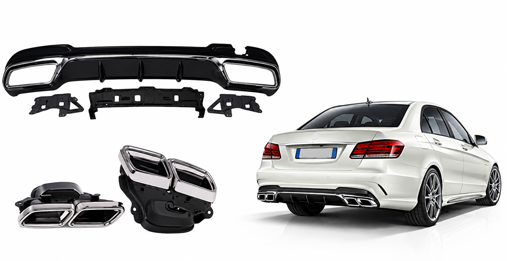 Mercedes Uyumlu W212 E Serisi İçin 63 Difüzör & Egzoz Seti (Silver Egzoz İle) (Amg Makyajlı Kasa 2013-2016)