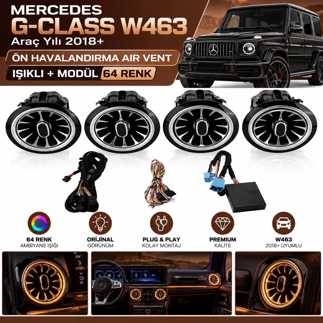 Mercedes G-Class W463 Araç Yılı 2018+ Ön Havalandırma Air Vent Işıklı + Modül 64 Renk